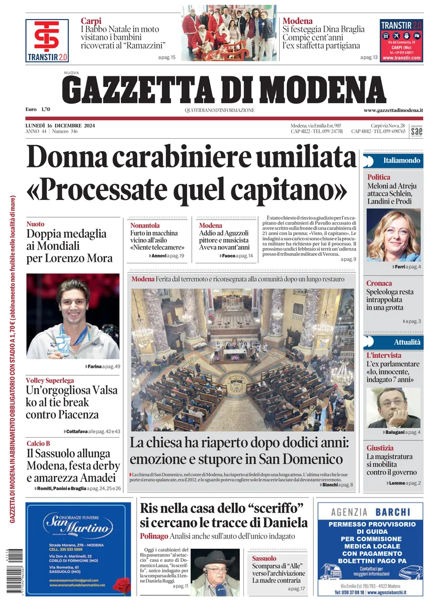 Prima-pagina-gazzetta di modena-oggi-edizione-del-2024-12-16